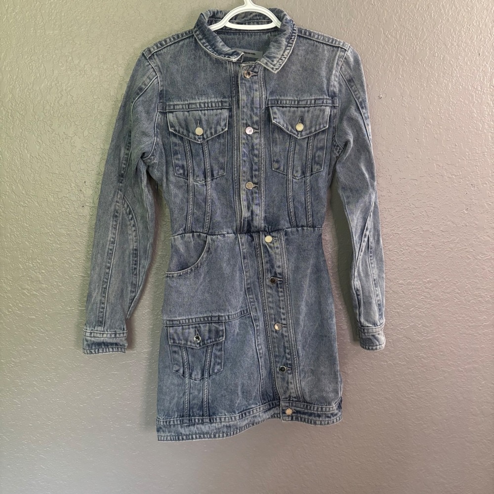 Manière‎ De Voir Long Sleeve Denim Button Down Mini Dress 2 Western Acid Wash